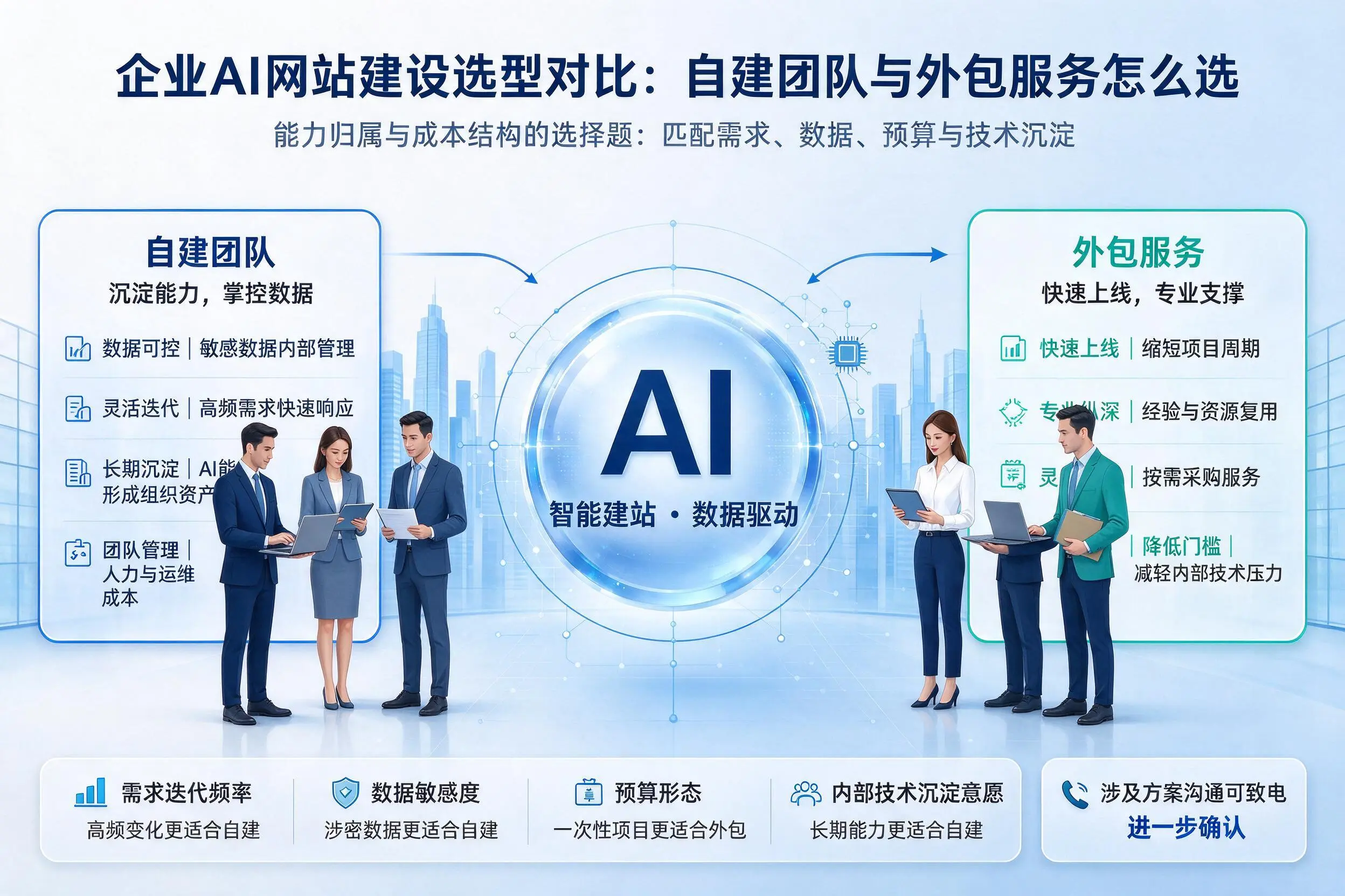 烟台企业AI网站建设选型对比:自建团队与外包服务怎么选